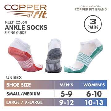 Copper Fit unisex adult Ankle Length Sport Socks, White/Multi, Small-Medium US