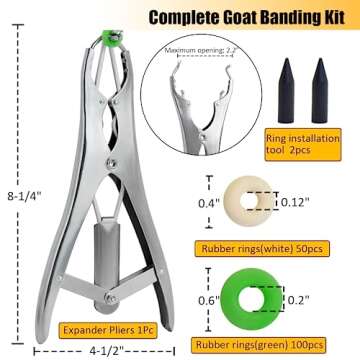 Complete Goat Banding Kit - Stainless Steel Pliers with 150 Rings & Tool for Easy Use