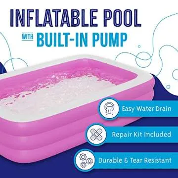 Pink Inflatable Swimming Pool (120" x 72.8" x 23.6") Built-in Air Pump Inflatable Kiddie Pool, Famil...