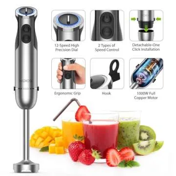 KOIOS Immersion Hand Blender, 5-in-1 Hand Blender with Entire Stainless Steel Blender Shaft, Full Copper Motor, Built in 12 Speed Turbo Stick Blender, Handheld blender for Baby food, Smoothies, Soups