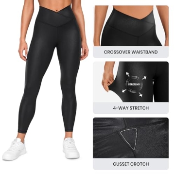 CRZ YOGA Womens Butterluxe Matte Faux Leather Cross Waist Leggings 25" - V Crossover High Waisted Lounge Leggings Black Classic Large
