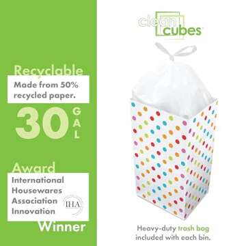 Clean Cubes 30 Gallon Disposable Trash Cans (3-Pack). Reusable Garbage and Recycling Bins for Parties, Events, and More (Polka Dot - 30” Height x 17” Width x 14” Depth)