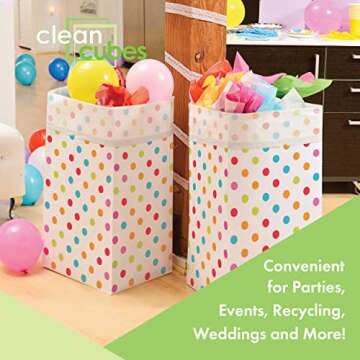 Clean Cubes 30 Gallon Disposable Trash Cans (3-Pack). Reusable Garbage and Recycling Bins for Parties, Events, and More (Polka Dot - 30” Height x 17” Width x 14” Depth)