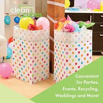 Clean Cubes 30 Gallon Disposable Trash Cans (3-Pack). Reusable Garbage and Recycling Bins for Parties, Events, and More (Polka Dot - 30” Height x 17” Width x 14” Depth)