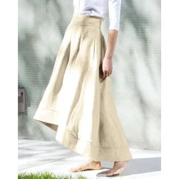 YEXPINE Women's Linen Maxi Skirts High Waist A Line Flowy Skirt Boho Summer Beach Skirts with Pocket Khaki
