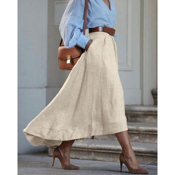 YEXPINE Women's Linen Maxi Skirts High Waist A Line Flowy Skirt Boho Summer Beach Skirts with Pocket Khaki