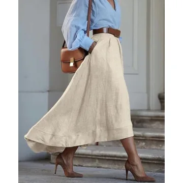 YEXPINE Women's Linen Maxi Skirts High Waist A Line Flowy Skirt Boho Summer Beach Skirts with Pocket Khaki