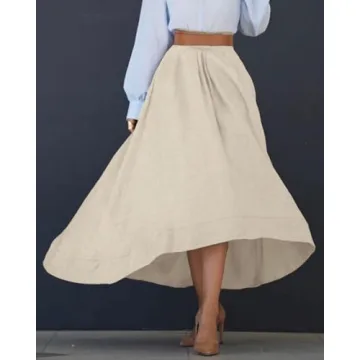 YEXPINE Women's Linen Maxi Skirts High Waist A Line Flowy Skirt Boho Summer Beach Skirts with Pocket Khaki