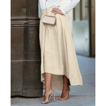 YEXPINE Women's Linen Maxi Skirts High Waist A Line Flowy Skirt Boho Summer Beach Skirts with Pocket Khaki