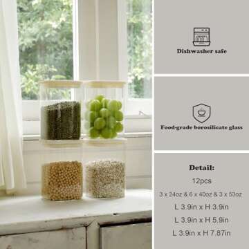 CozNido 12pcs Square Pantry Glass Jars with Clear Airtight Lids Kitchen Canisters Sets for Flour, Sugar Refrigerator Safe, Available in 3 Sizes: 25oz / 40oz / 54 oz