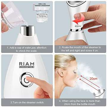 Facial Steamer RIAMCOSMETICS Nano Ionic Face Steamer Home Use Warm Mist Humidifier Steamer Face Sauna Spa Sinuses Moisturizing Deep Cleansing Pores Stainless Steel Skin Kit Blackheads Acne Skin Care
