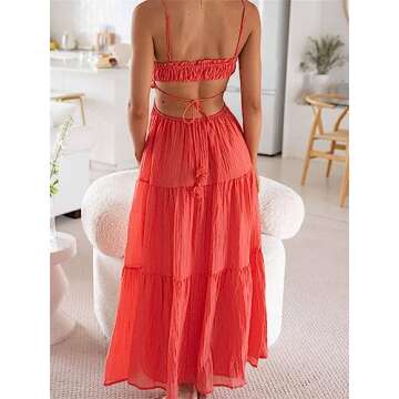 Yuemengxuan Women Ruffle Tiered Maxi Dress Boho Backless Cut Out Spaghetti Strap Flowy Long Dress Summer Beach Wedding Guest Sundress (A Watermelon Red, S)