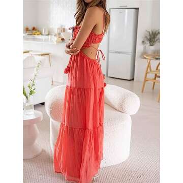 Yuemengxuan Women Ruffle Tiered Maxi Dress Boho Backless Cut Out Spaghetti Strap Flowy Long Dress Summer Beach Wedding Guest Sundress (A Watermelon Red, S)