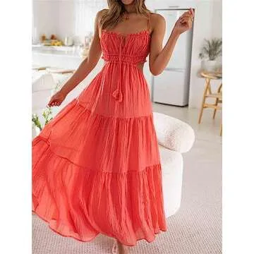 Yuemengxuan Women Ruffle Tiered Maxi Dress Boho Backless Cut Out Spaghetti Strap Flowy Long Dress Summer Beach Wedding Guest Sundress (A Watermelon Red, S)