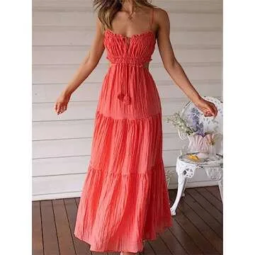 Yuemengxuan Women Ruffle Tiered Maxi Dress Boho Backless Cut Out Spaghetti Strap Flowy Long Dress Summer Beach Wedding Guest Sundress (A Watermelon Red, S)