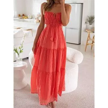 Yuemengxuan Women Ruffle Tiered Maxi Dress Boho Backless Cut Out Spaghetti Strap Flowy Long Dress Summer Beach Wedding Guest Sundress (A Watermelon Red, S)