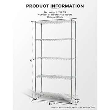 HCY Garage Shelving, 72*36*14inch Metal Shelves 5 Tier Wire Shelving Unit Adjustable Heavy Duty Sturdy Steel Shelving for Pantry Garage Kitchen (Chrome)
