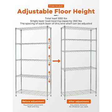 HCY Garage Shelving, 72*36*14inch Metal Shelves 5 Tier Wire Shelving Unit Adjustable Heavy Duty Sturdy Steel Shelving for Pantry Garage Kitchen (Chrome)