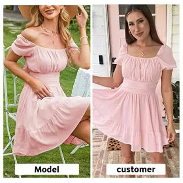 EXLURA Women's 2024 Summer Short Puff Sleeve Casual Short Mini Dress Tie Back Square Neck A-Line Sundress Pink