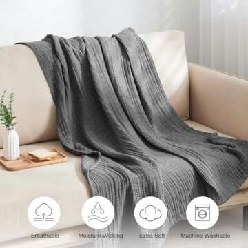 PHF 100% Cotton Muslin Throw Blanket 50" x 60", 4-Layer Lightweight and Breathable Blanket, Luxuriou...