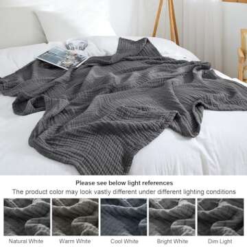 PHF 100% Cotton Muslin Throw Blanket 50" x 60", 4-Layer Lightweight and Breathable Blanket, Luxuriously Soft Gauze Throws for Couch Bed Sofa, Ideal Gift Choice, Black Grey