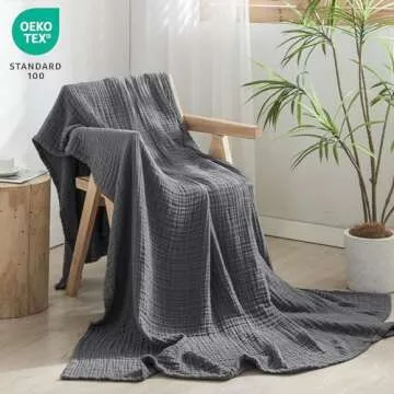 PHF 100% Cotton Muslin Throw Blanket, Breathable & Soft