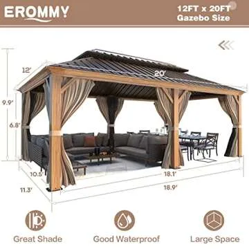 EROMMY 12'x20' Hardtop Gazebo, Wooden Finish Coated Aluminum Frame Pergola with Galvanized Steel Roof, Outdoor Metal Gazebos with Curtains and Nettings for Patio, Backyard, Deck and Lawns