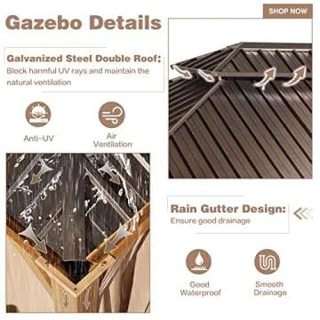 EROMMY 12'x20' Hardtop Gazebo, Wooden Finish Coated Aluminum Frame Pergola with Galvanized Steel Roof, Outdoor Metal Gazebos with Curtains and Nettings for Patio, Backyard, Deck and Lawns