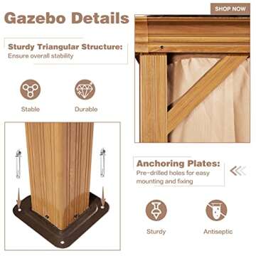 EROMMY 12'x20' Hardtop Gazebo, Wooden Finish Coated Aluminum Frame Pergola with Galvanized Steel Roof, Outdoor Metal Gazebos with Curtains and Nettings for Patio, Backyard, Deck and Lawns