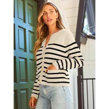 LILLUSORY Women's Striped Cardigan Sweaters Fall Outfits Clothes Fashion Trendy Long Sleeve Tops Casual Knit Lady Jackets Apricot Black S