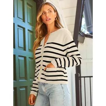 LILLUSORY Women's Striped Cardigan Sweaters Fall Outfits Clothes Fashion Trendy Long Sleeve Tops Casual Knit Lady Jackets Apricot Black S