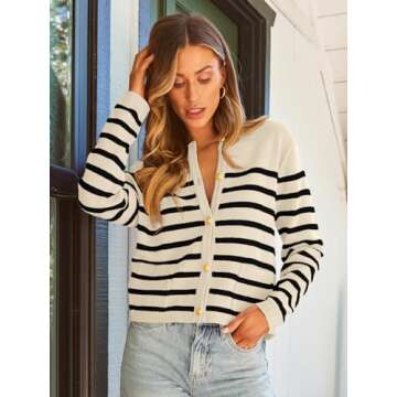 LILLUSORY Women's Striped Cardigan Sweaters Fall Outfits Clothes Fashion Trendy Long Sleeve Tops Casual Knit Lady Jackets Apricot Black S