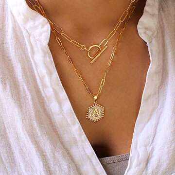 M MOOHAM Layered Initial Necklaces for Women, 14K Gold Plated Paperclip Link Chain Necklace for Women Letter Pendant Initial S Necklace Choker Necklaces Gold Layering Necklaces for Women