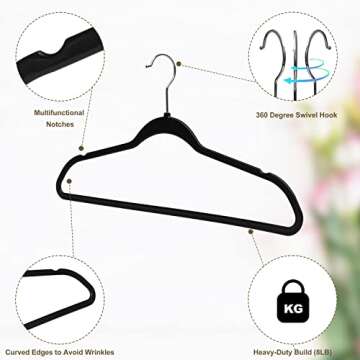 Quality Hangers 50 Pack Slim Plastic Hangers for Clothes - Heavy Duty Non-Velvet Black Hangers with 360° Swivel Chrome Hook & Non Slip Notches - Ideal for Dresses Coats Shirts Jackets & More - Black