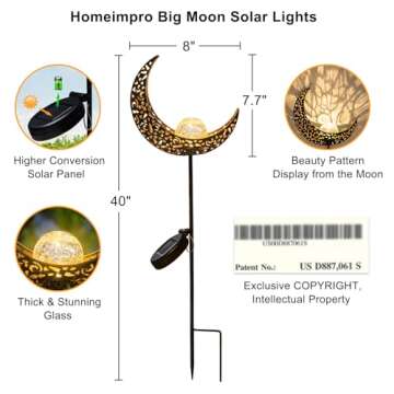 HOMEIMPRO Moon Solar Lights Outdoor Garden Stakes, Waterproof Crackle Glass Metal Decorative Lights for Lawn, Patio Accessories, Backyard Decorations Birthday,Christmas Gift Mom Grandma (Bronze)