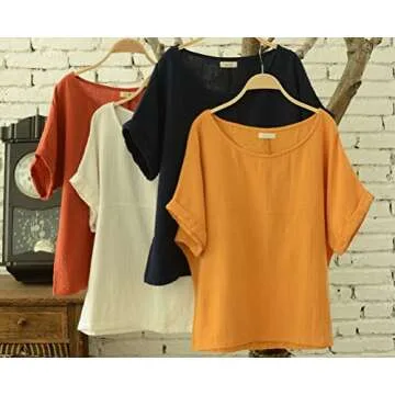 Soojun Women's Cotton Linen Round Collar Boxy Top Patchwork Blouses Yellow, Small