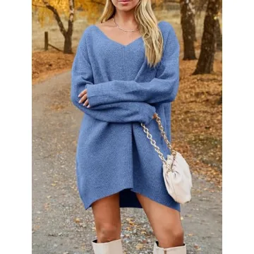 Saodimallsu Womens Oversized Sweater Dress Fall V Neck Long Sleeve Ribbed Knit Casual Loose Mini Pullover Dresses Blue
