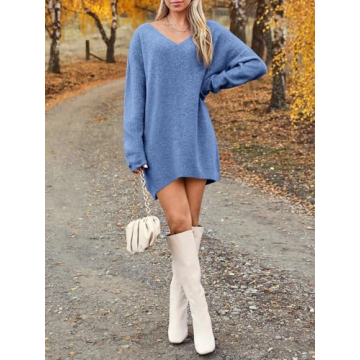 Saodimallsu Womens Oversized Sweater Dress Fall V Neck Long Sleeve Ribbed Knit Casual Loose Mini Pullover Dresses Blue