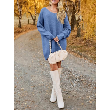 Saodimallsu Womens Oversized Sweater Dress Fall V Neck Long Sleeve Ribbed Knit Casual Loose Mini Pullover Dresses Blue