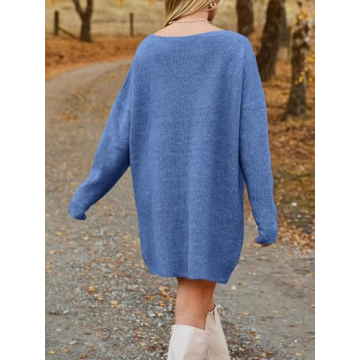 Saodimallsu Womens Oversized Sweater Dress Fall V Neck Long Sleeve Ribbed Knit Casual Loose Mini Pullover Dresses Blue