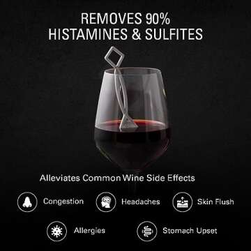 PureWine Pink Wand Filters Histamines and Sulfites - May Reduce and Alleviate Wine Allergies & Sensitivities - Purifier Aerates Wine Restore Taste & Purity - Includes Wine Glass Charm Accessory
