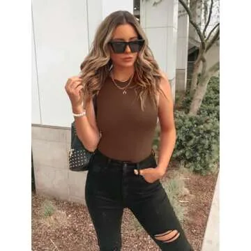 REORIA Womens Sexy Sleeveless Halter Neck Racer Back Leotard High Waist Thong Bodysuits Tank Tops Coffee Small