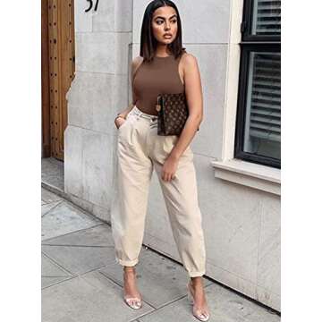 REORIA Womens Sexy Sleeveless Halter Neck Racer Back Leotard High Waist Thong Bodysuits Tank Tops Coffee Small