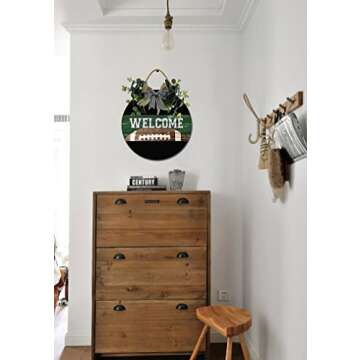 Welcome Football Front Door Sign Funny Wreaths Hanging Wooden Plaque Decoration Round Rustic Wood Fa...