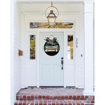 Welcome Football Front Door Sign Funny Wreaths Hanging Wooden Plaque Decoration Round Rustic Wood Farmhouse Porch Decor for Home Front Door Decor, 12 x 12 Inch