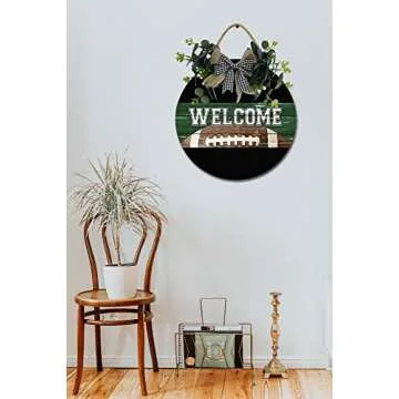 Welcome Football Front Door Sign Funny Wreaths Hanging Wooden Plaque Decoration Round Rustic Wood Farmhouse Porch Decor for Home Front Door Decor, 12 x 12 Inch