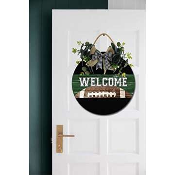 Welcome Football Front Door Sign Funny Wreaths Hanging Wooden Plaque Decoration Round Rustic Wood Farmhouse Porch Decor for Home Front Door Decor, 12 x 12 Inch