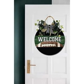 Welcome Football Front Door Sign Funny Wreaths Hanging Wooden Plaque Decoration Round Rustic Wood Farmhouse Porch Decor for Home Front Door Decor, 12 x 12 Inch