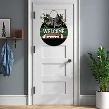 Welcome Football Front Door Sign Funny Wreaths Hanging Wooden Plaque Decoration Round Rustic Wood Farmhouse Porch Decor for Home Front Door Decor, 12 x 12 Inch
