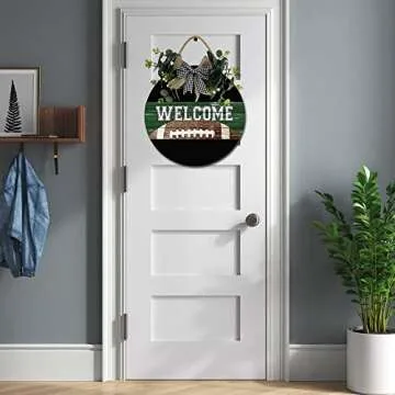 Welcome Football Front Door Sign Funny Wreaths Hanging Wooden Plaque Decoration Round Rustic Wood Farmhouse Porch Decor for Home Front Door Decor, 12 x 12 Inch